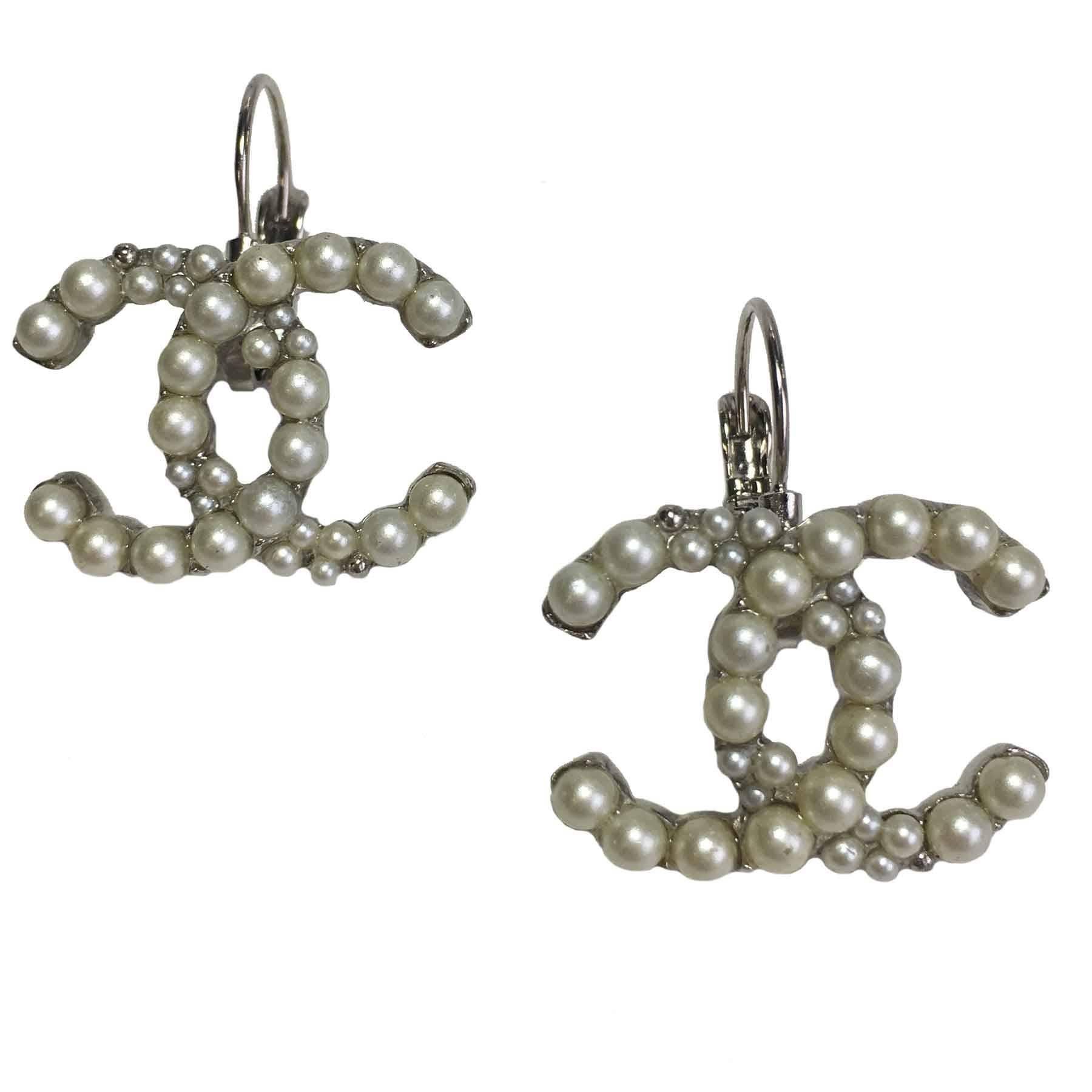 Chanel CC Pearl and Silver Plated Metal Stud Earrings