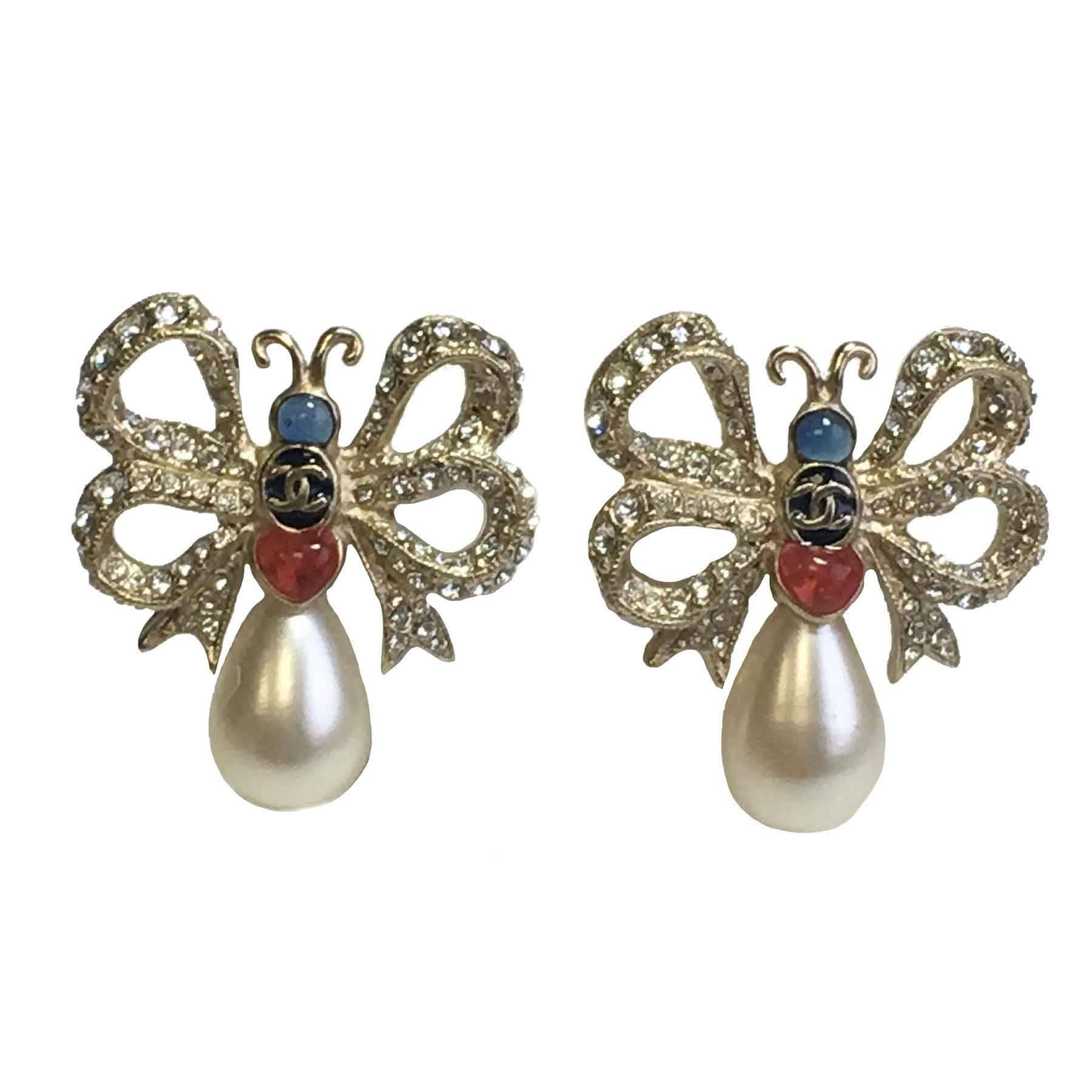 Chanel Butterfly Ear Studs AW2016/17 in Gilt Metal, Glass Pearl and Rhinestones