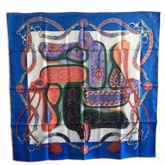 HERMES scarf "Amazone Festival" in myosotis, white and salmon silk 2
