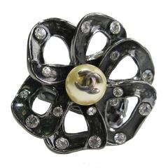 Chanel Ring T54 Ruthenium Flower Glass Pearl Dark Green Resin and Rhinestones