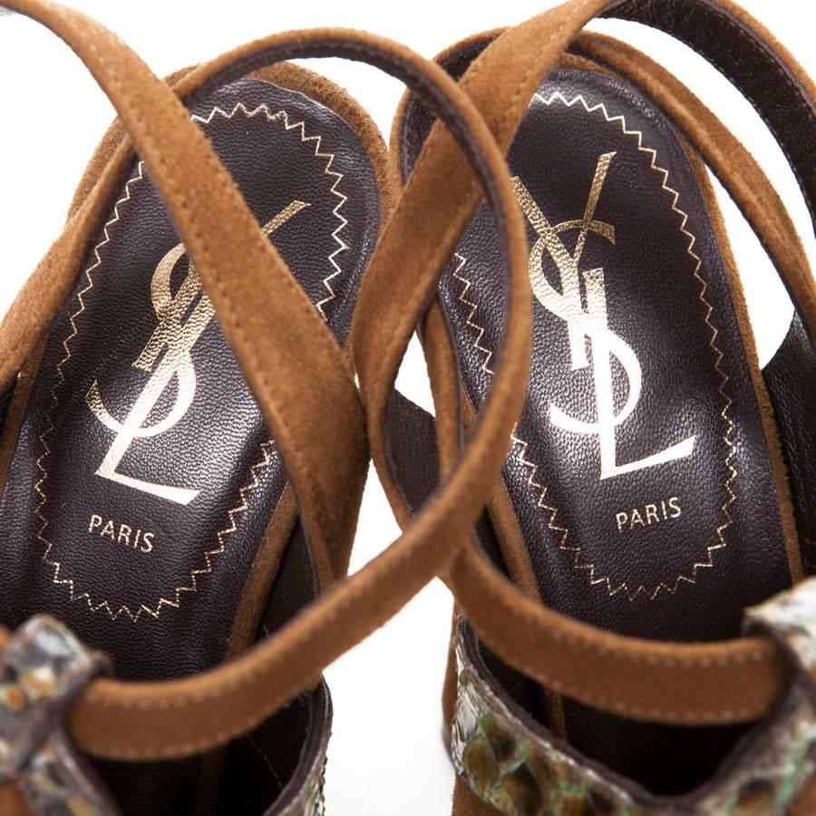 YSL High Heel Sandals 'Tributes' Model 35FR in Brown Velvet Calfskin and Python 2