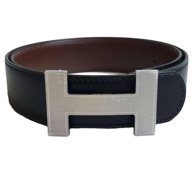HERMES Reversible Belt H in Black and Brown Leather Size 72FR at 1stdibs