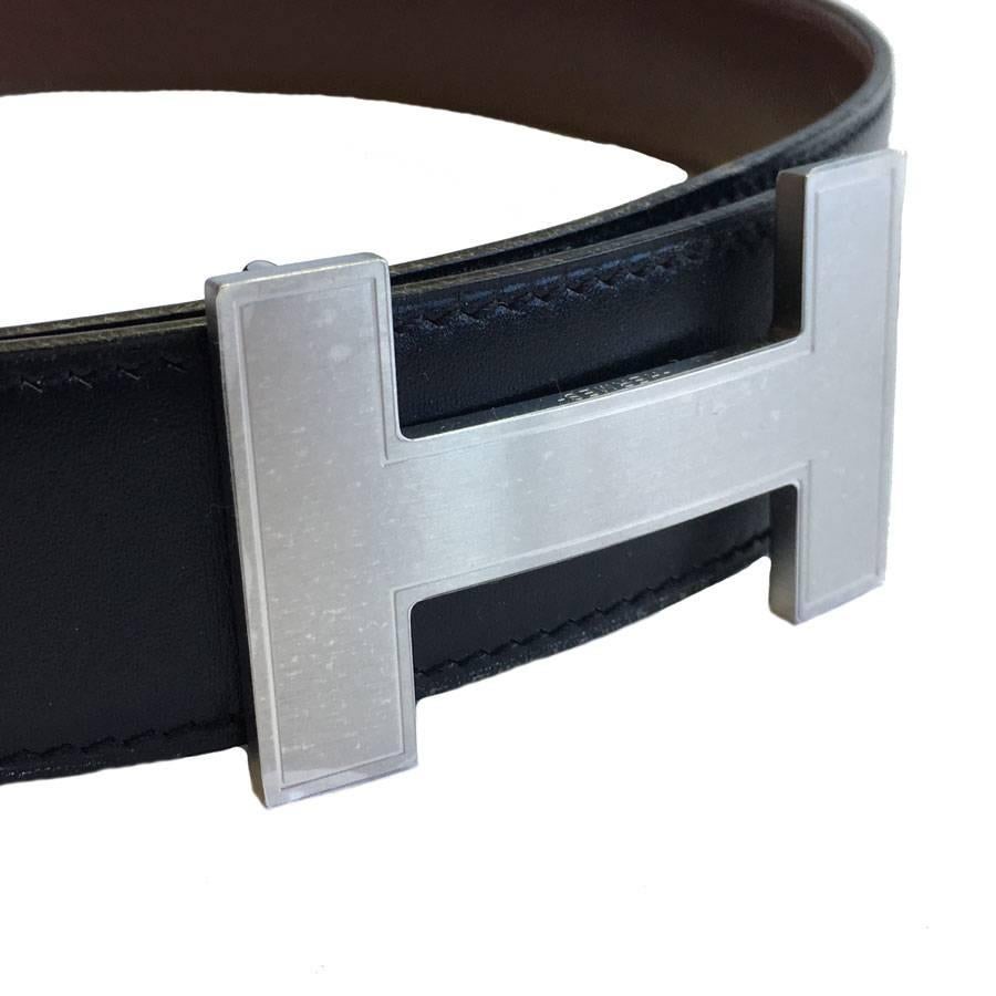Women's or Men's HERMES Reversible Belt H in Black and Brown Leather Size 72FR 