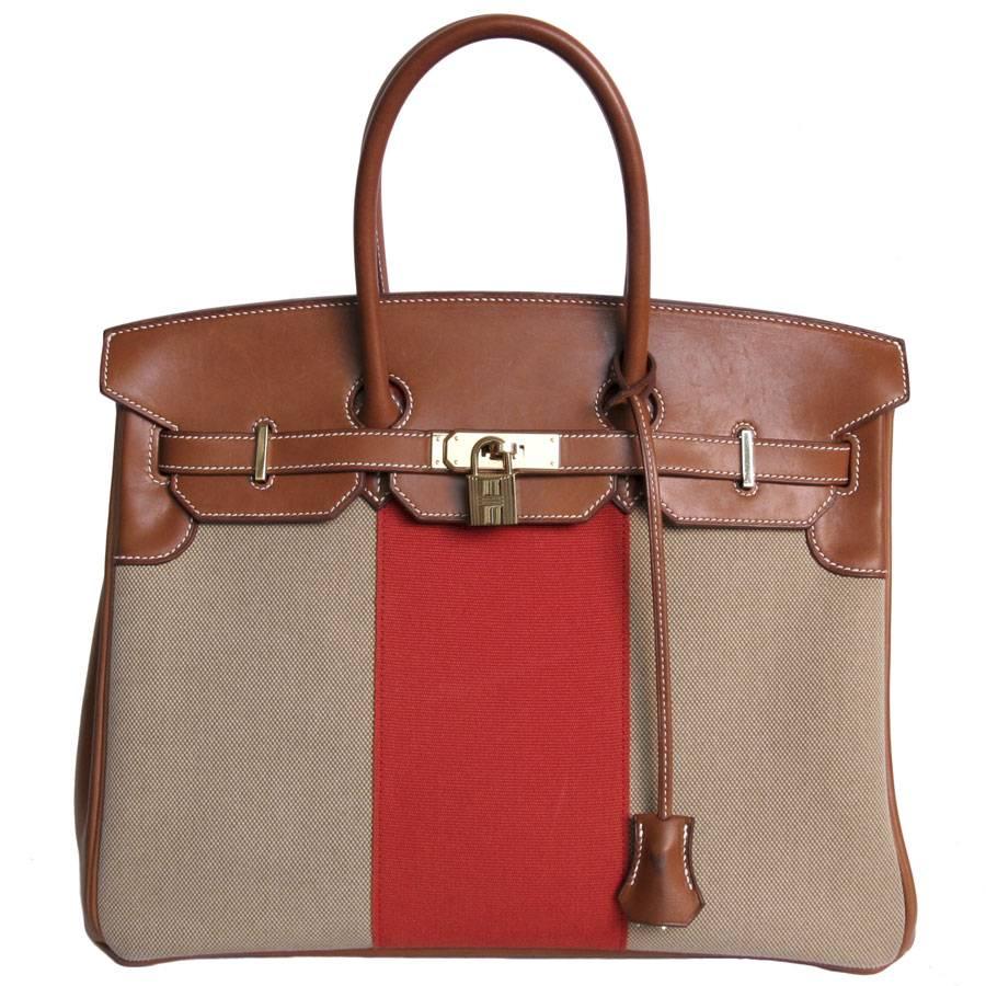HERMES Birkin 35 Flag Bag in Barenia Clafskin and Beige Canvas