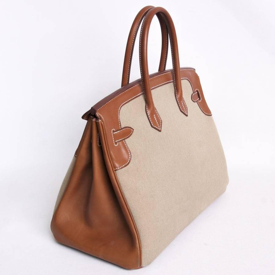 HERMES Birkin 35 Flag Bag in Barenia Clafskin and Beige Canvas In Excellent Condition In Paris, FR