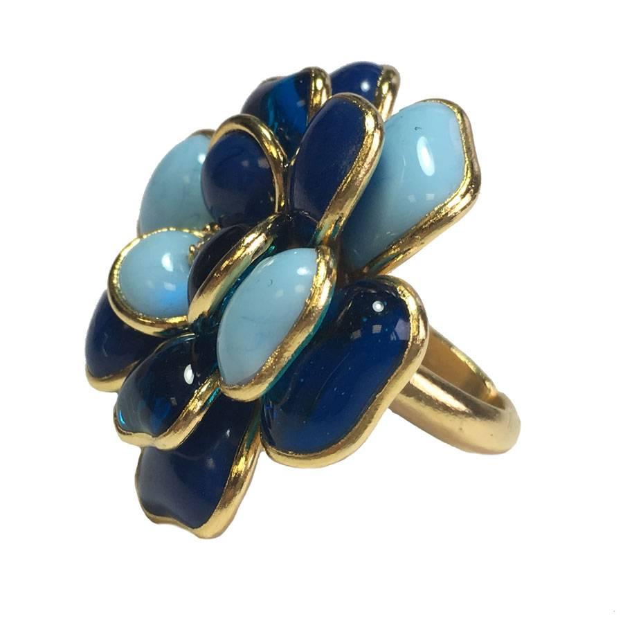 Marguerite de Valois Camellia Ring Size 50EU in Blue Molten Paste and Gilt Metal