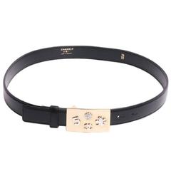 Retro CHANEL Belt t 70 in Black Leather and Gilt Metal Buckle with Symbols