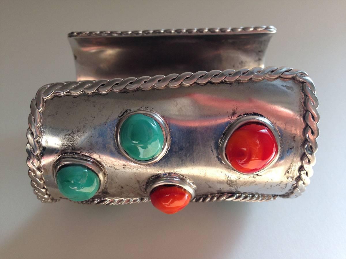 MARGUERITE DE VALOIS Silver Plated Cuff with Molten Glass Cabochons  In New Condition For Sale In Paris, FR
