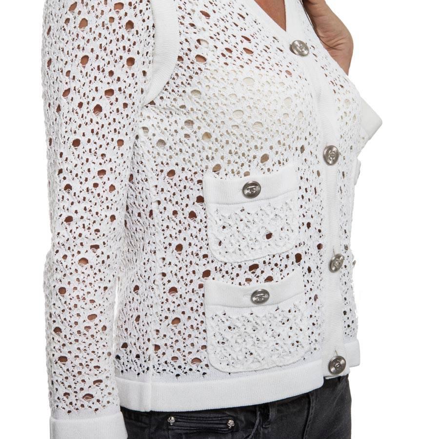 Gray CHANEL White Knit Cardigan Size 36FR