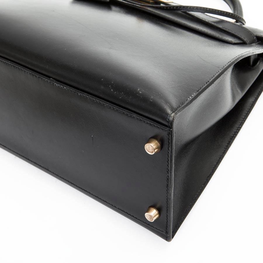 Hermes 'Kelly 32' Black Box Leather Top Handle Bag In Excellent Condition In Paris, FR