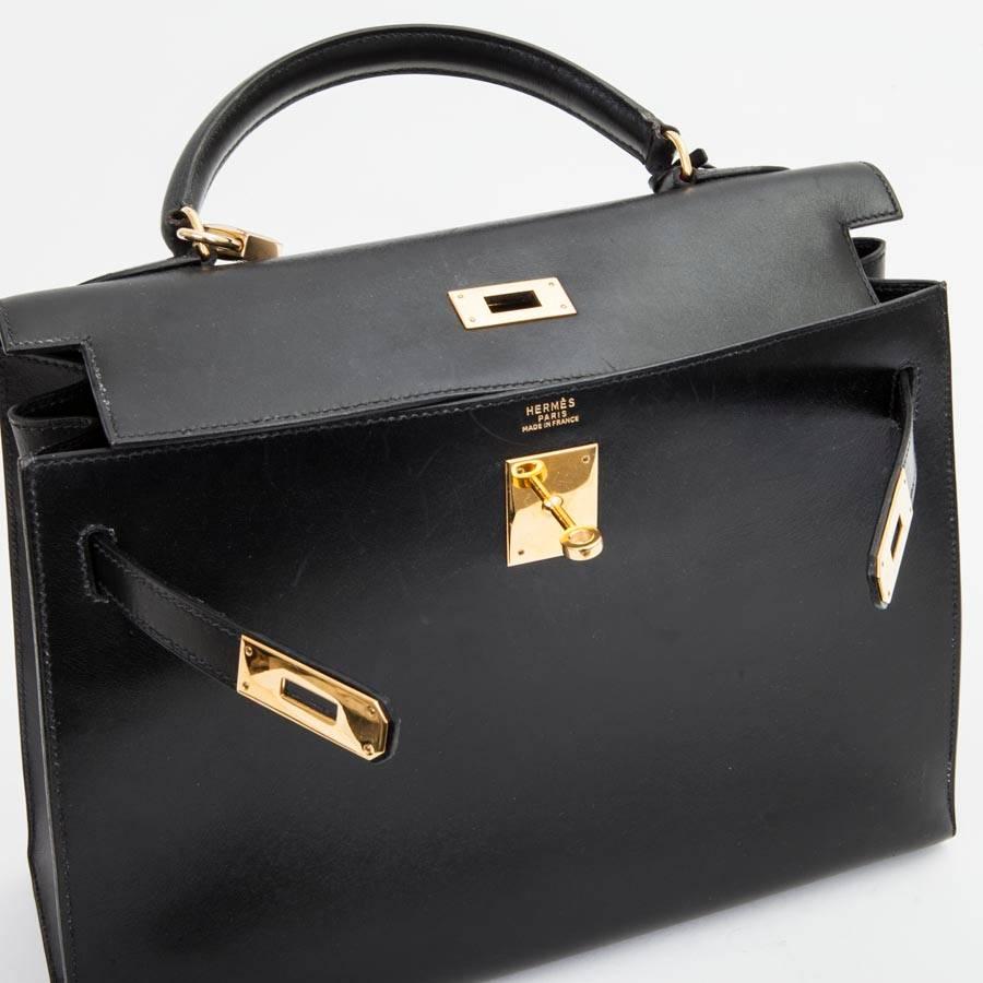 Women's Hermes 'Kelly 32' Black Box Leather Top Handle Bag