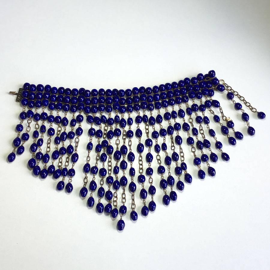 Marguerite de Valois Necklace Couture in Beads of Sapphire Colored Molten Glass In New Condition In Paris, FR