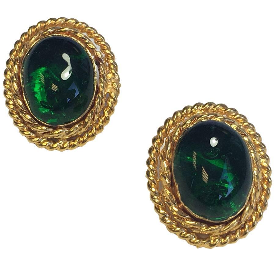 CHANEL Vintage Gold and Green Cabochon Clip Earrings