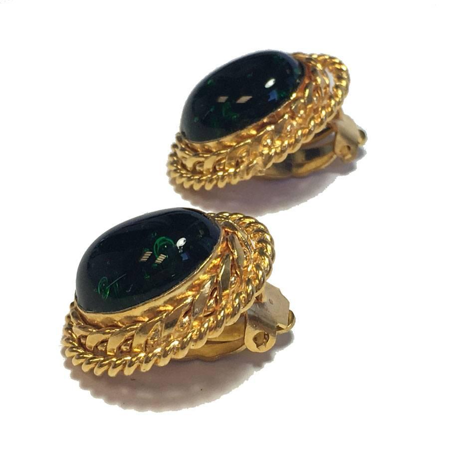 Women's CHANEL Vintage Gold and Green Cabochon Clip Earrings