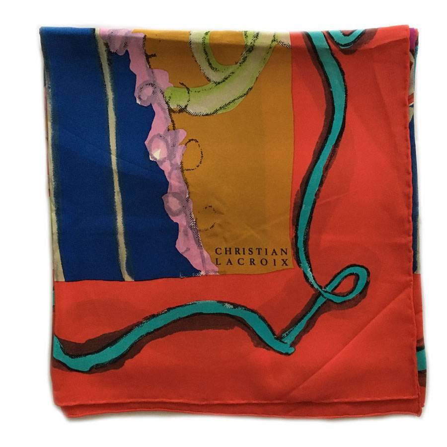 CHRISTIAN LACROIX Large Multicolored Silk Scarf In Excellent Condition In Paris, FR