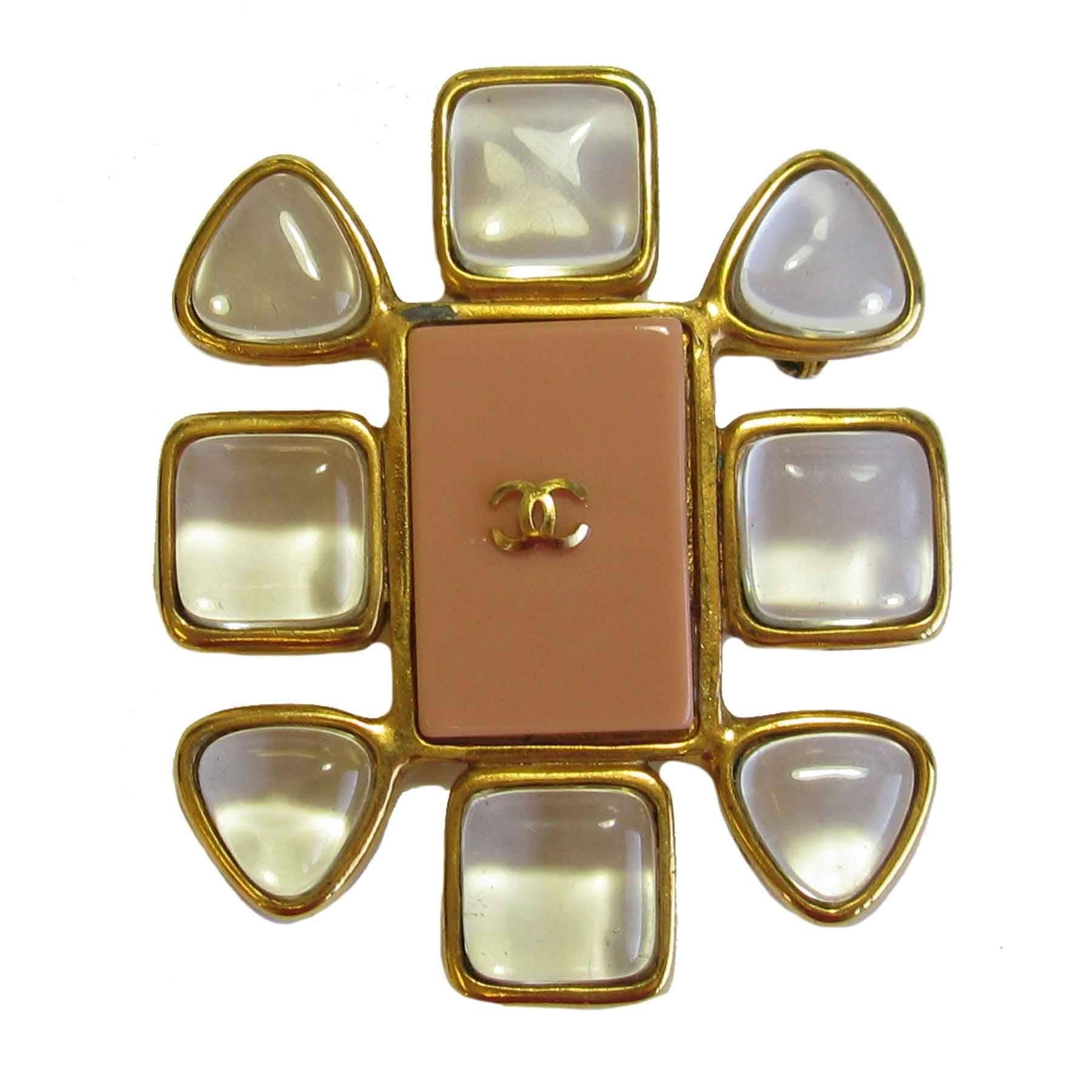 CHANEL Brooch in Gilt Metal, Transparent Molten Glass and Salmon Colored Resin