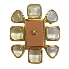 Vintage CHANEL Brooch in Gilt Metal, Transparent Molten Glass and Salmon Colored Resin