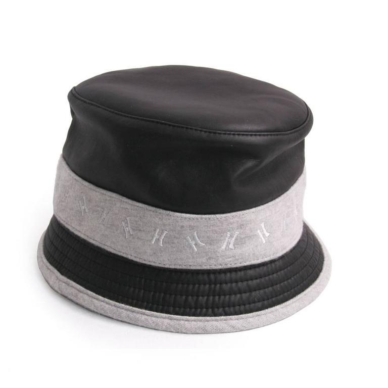 HERMES Size 57 Black Calf Leather and Grey Cashmere Bucket Hat For Sale