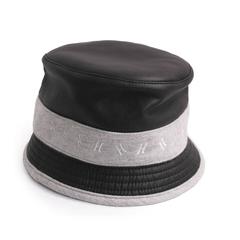 HERMES Size 57 Black Calf Leather and Grey Cashmere Bucket Hat