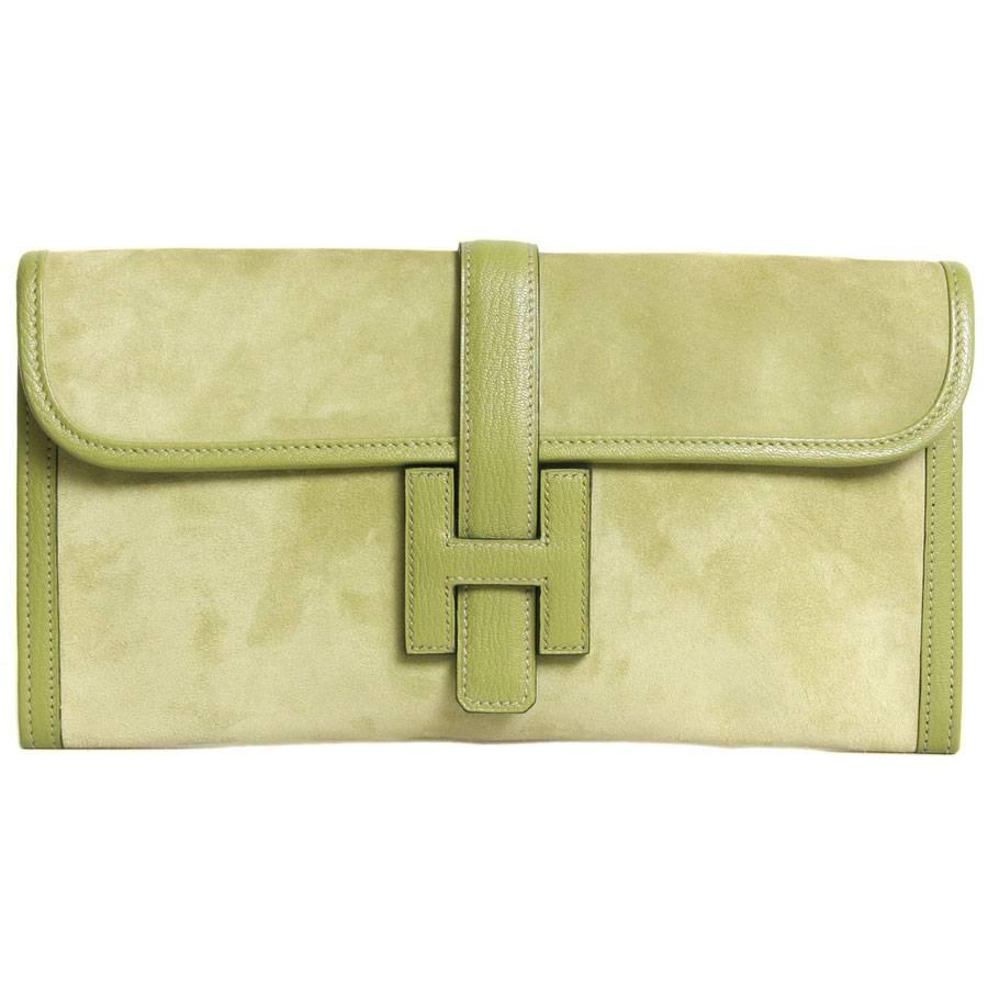 Hermes 
Jige
 Green Anise Calf Doblis and Leather Clutch Bag