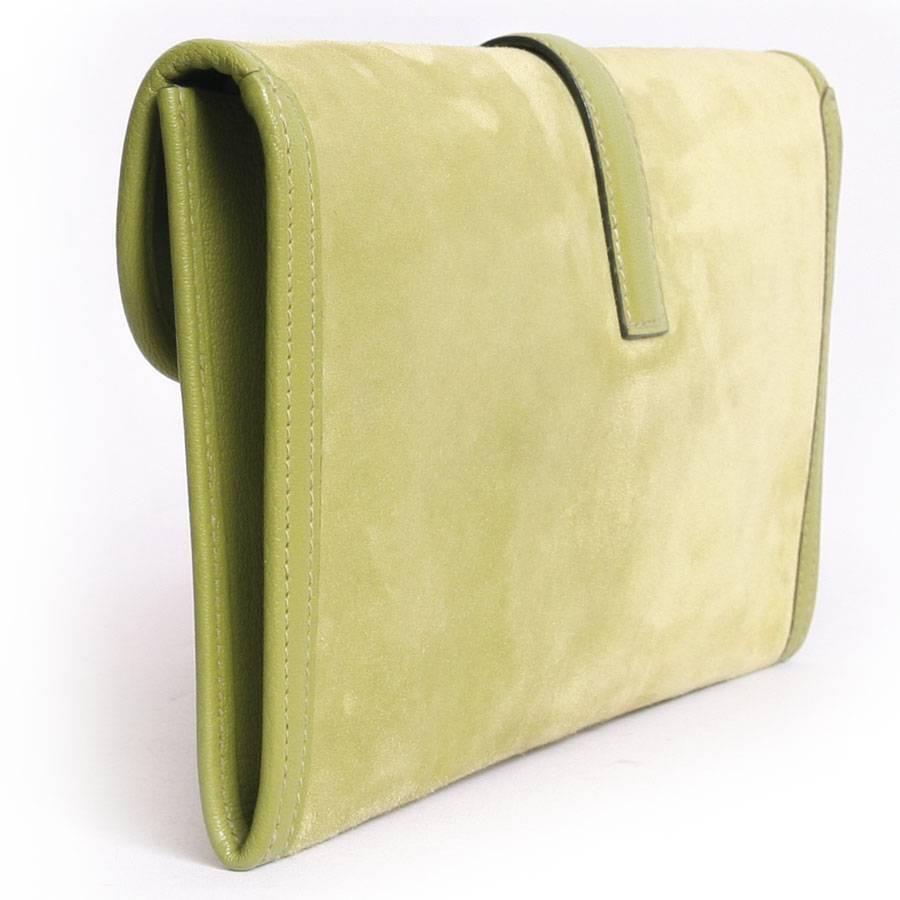 Women's Hermes 'Jige' Green Anise Calf Doblis and Leather Clutch Bag