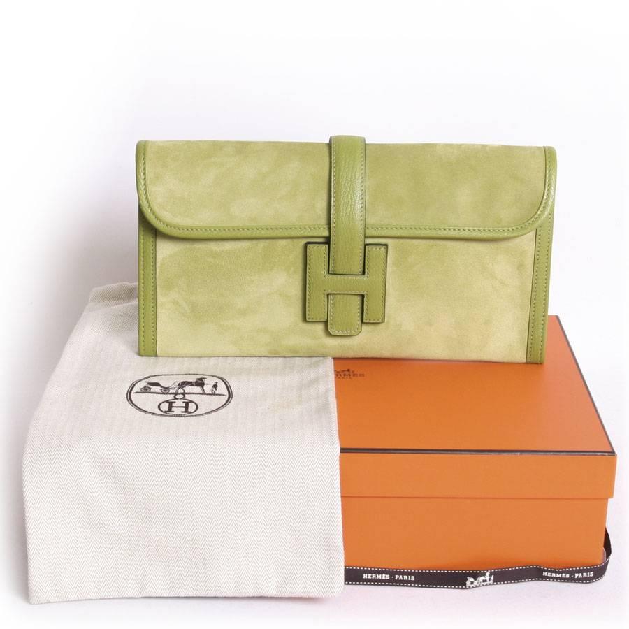 Hermes 'Jige' Green Anise Calf Doblis and Leather Clutch Bag 4