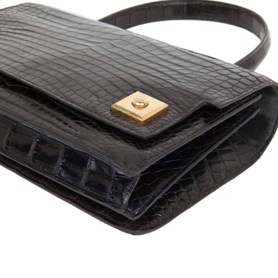 Vintage HERMES 'Piano' Flap Bag in Black Crocodile Porosus Leather   In Excellent Condition In Paris, FR