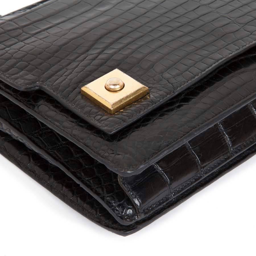 Women's Vintage HERMES 'Piano' Flap Bag in Black Crocodile Porosus Leather  