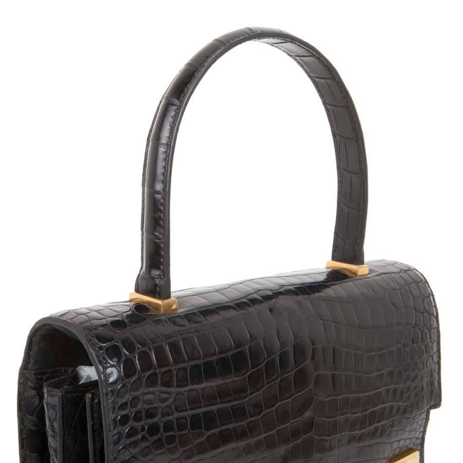 Vintage HERMES 'Piano' Flap Bag in Black Crocodile Porosus Leather   1