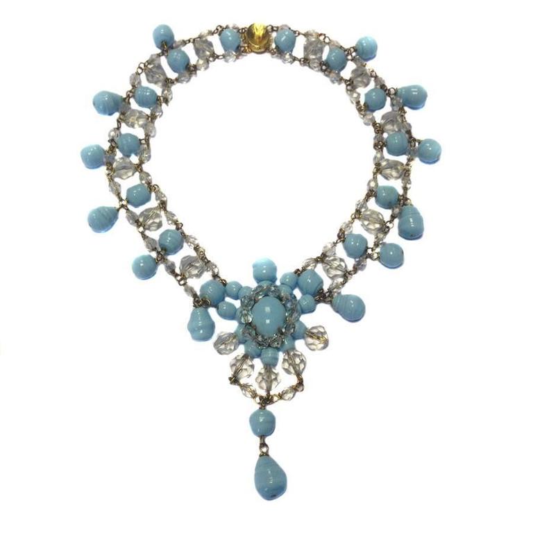 MARGUERITE DE VALOIS Necklace in Sky Blue Molten Glass and Gilt Metal ...