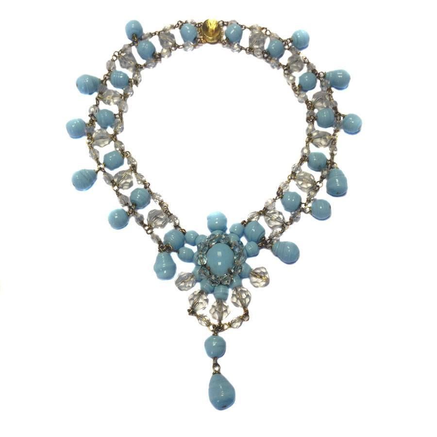 MARGUERITE DE VALOIS Necklace in Sky Blue Molten Glass and Gilt Metal For Sale