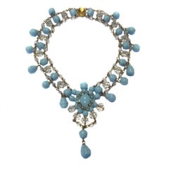 MARGUERITE DE VALOIS Necklace in Sky Blue Molten Glass and Gilt Metal