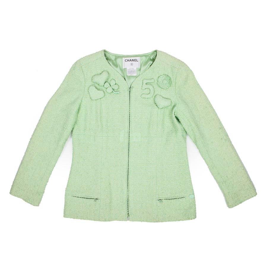 Sammler CHANEL Jacke aus grünem Anise und hellgrünem Tweed Größe 44FR im Angebot
