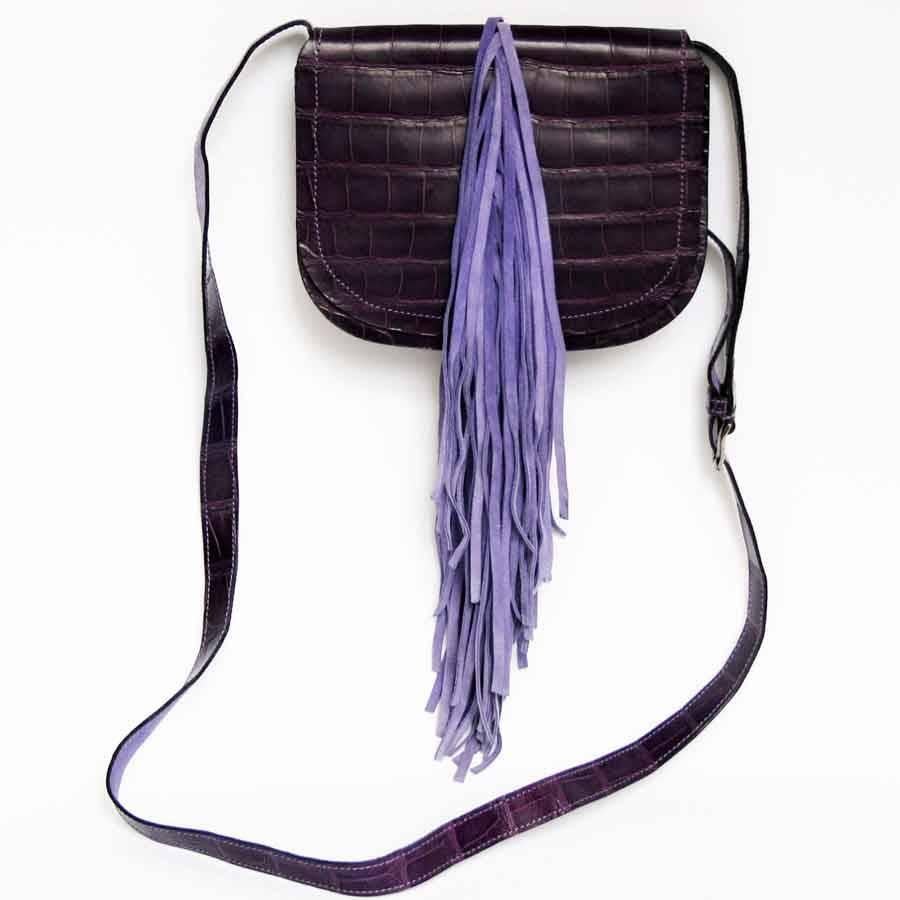 Black BALMAIN Bag in Purple Crocodile leather and Lilac Suede Fringes