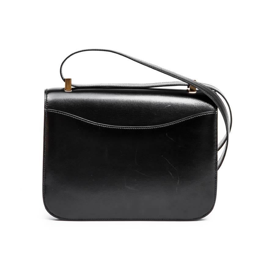 Women's Vintage Hermes 'Constance' Black Box Calf Leather Flap Bag