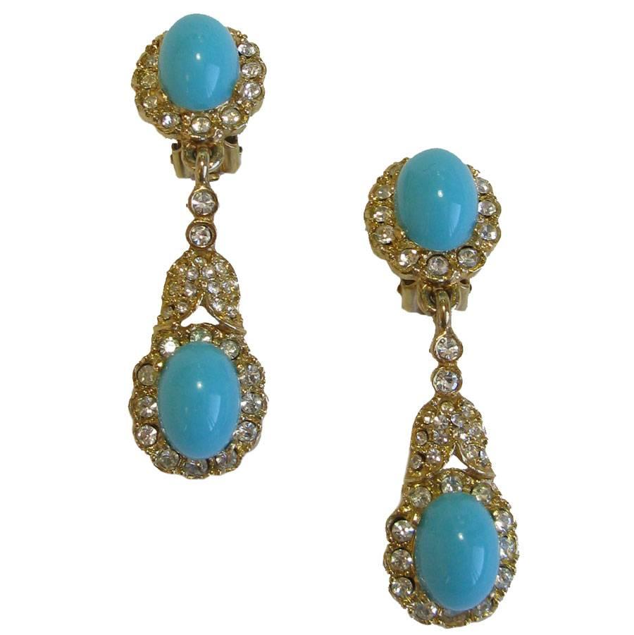 KENNETH JAY LANE Clip-on Earrings faux Turquoise, Rhinestone and Gilded Metal