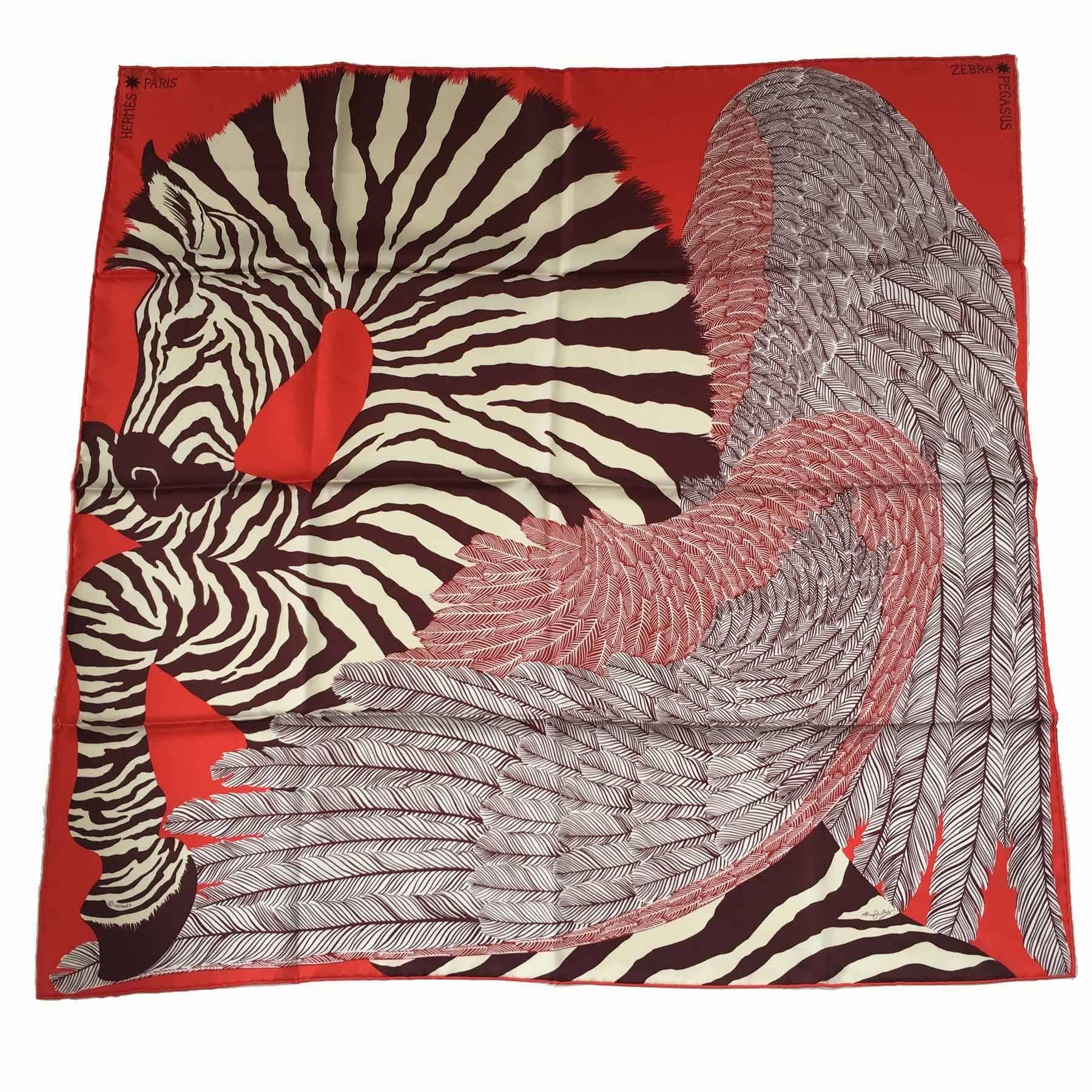 HERMES 'Zebra Pegasus' Red Silk Scarf