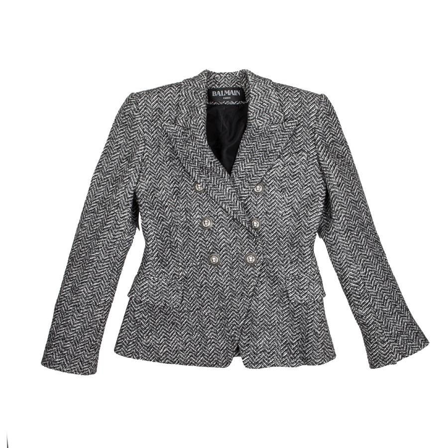 BALMAIN Jacket in Gray and Black Chevron Patterns Wool Size 40FR