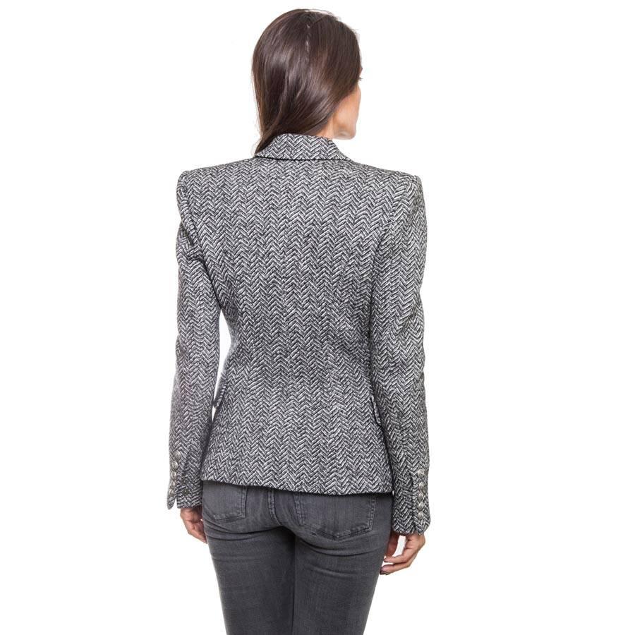 BALMAIN Jacket in Gray and Black Chevron Patterns Wool Size 40FR 1