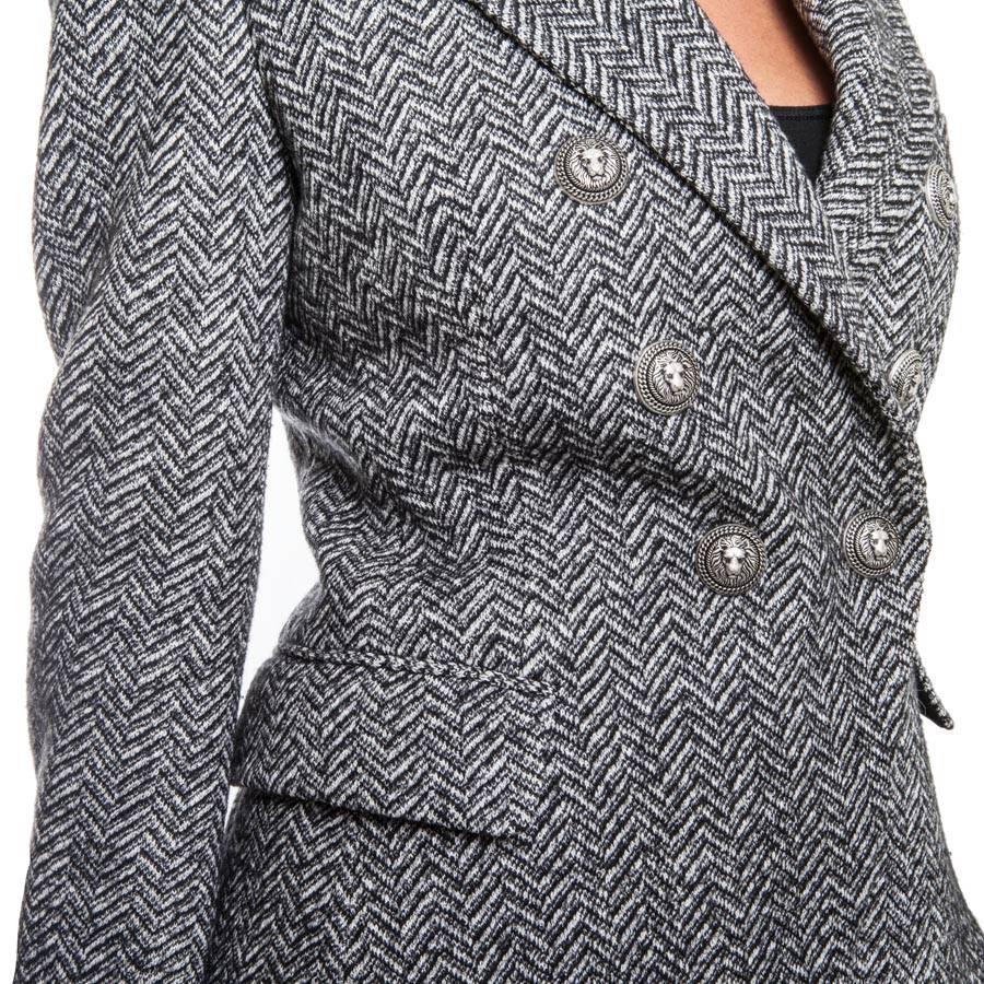 BALMAIN Jacket in Gray and Black Chevron Patterns Wool Size 40FR 2