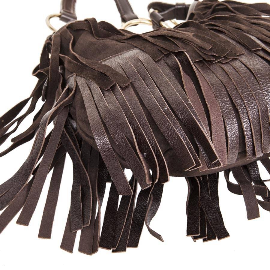 Black YVES SAINT LAURENT Fringed Bag in Brown Velvet Calfskin
