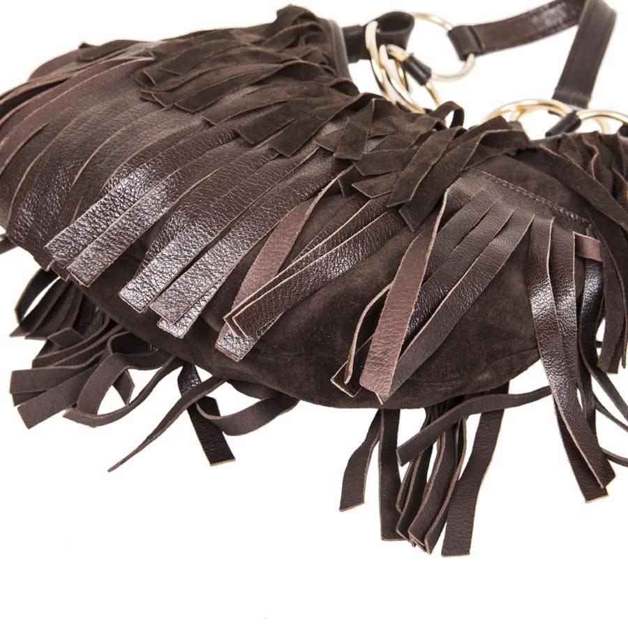 YVES SAINT LAURENT Fringed Bag in Brown Velvet Calfskin In Excellent Condition In Paris, FR