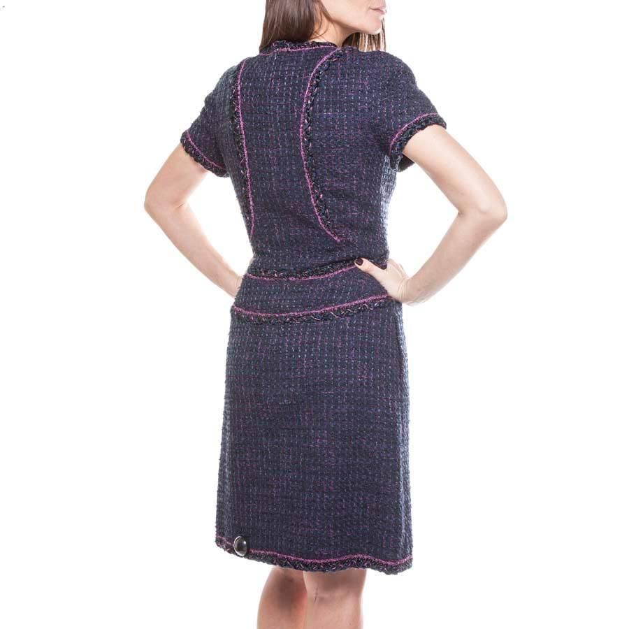 Black CHANEL Dress in Blue Tweed, Wool and Cotton with Multicolored Threads