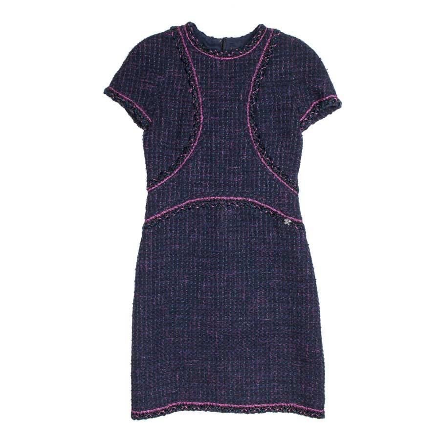 CHANEL Dress in Blue Tweed, Wool and Cotton with Multicolored Threads