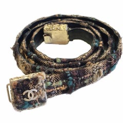 CHANEL 'Paris Edinburgh' Scottish Pattern Fabric and Black Leather Belt