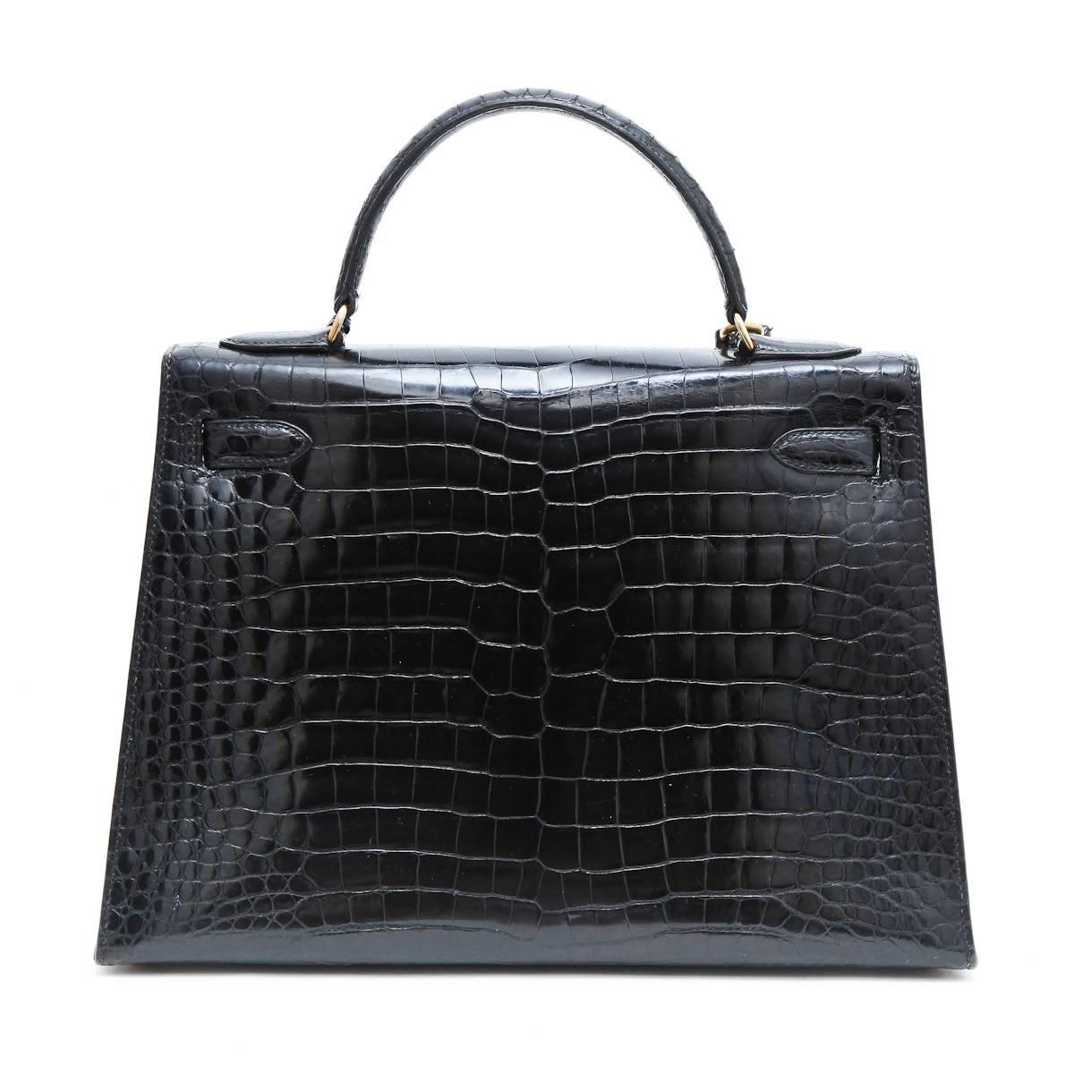 Women's Vintage HERMES 'Kelly' 32 Black Crocodile Porosus Handbag