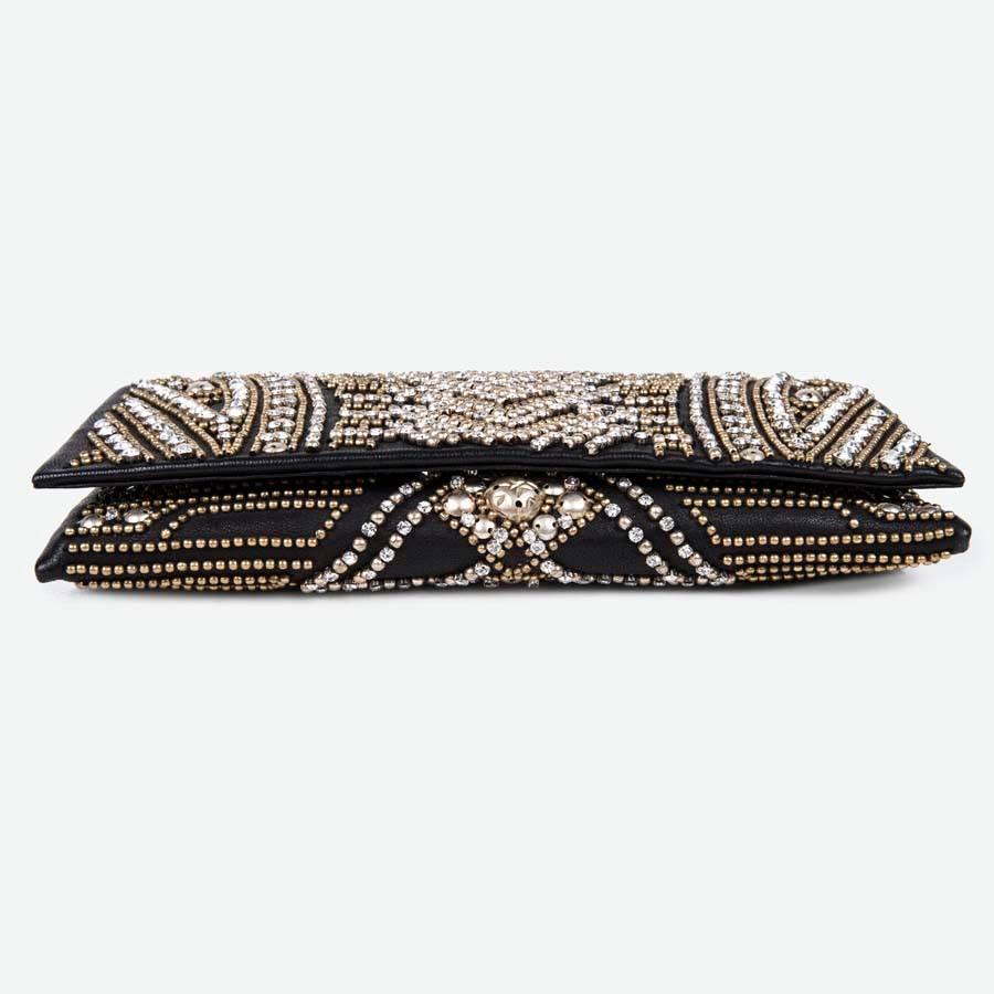 Women's BALMAIN Clutch in Crumpled Leather, Studded in Golden Color and Rhinestones