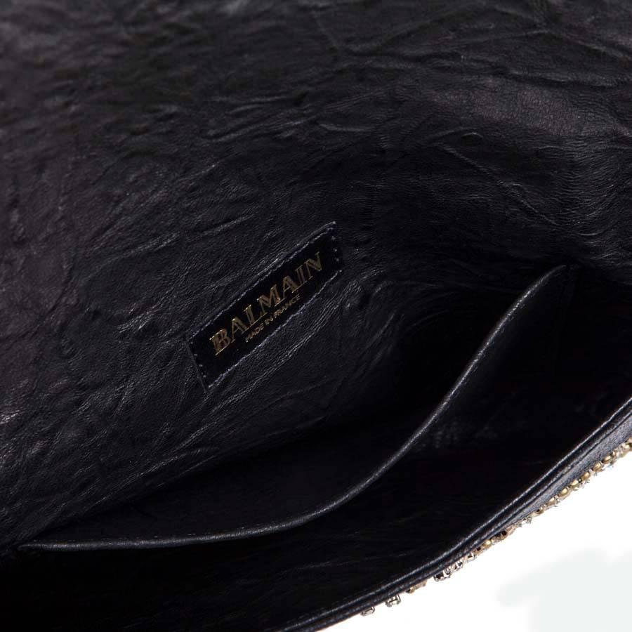 BALMAIN Clutch in Crumpled Leather, Studded in Golden Color and Rhinestones 1
