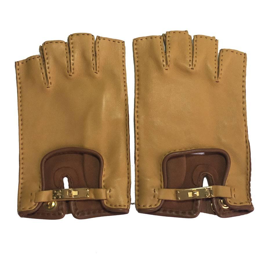 HERMES 'Kick' Fingerless Gloves in Glazed Curry and Cognac Lamb Leather