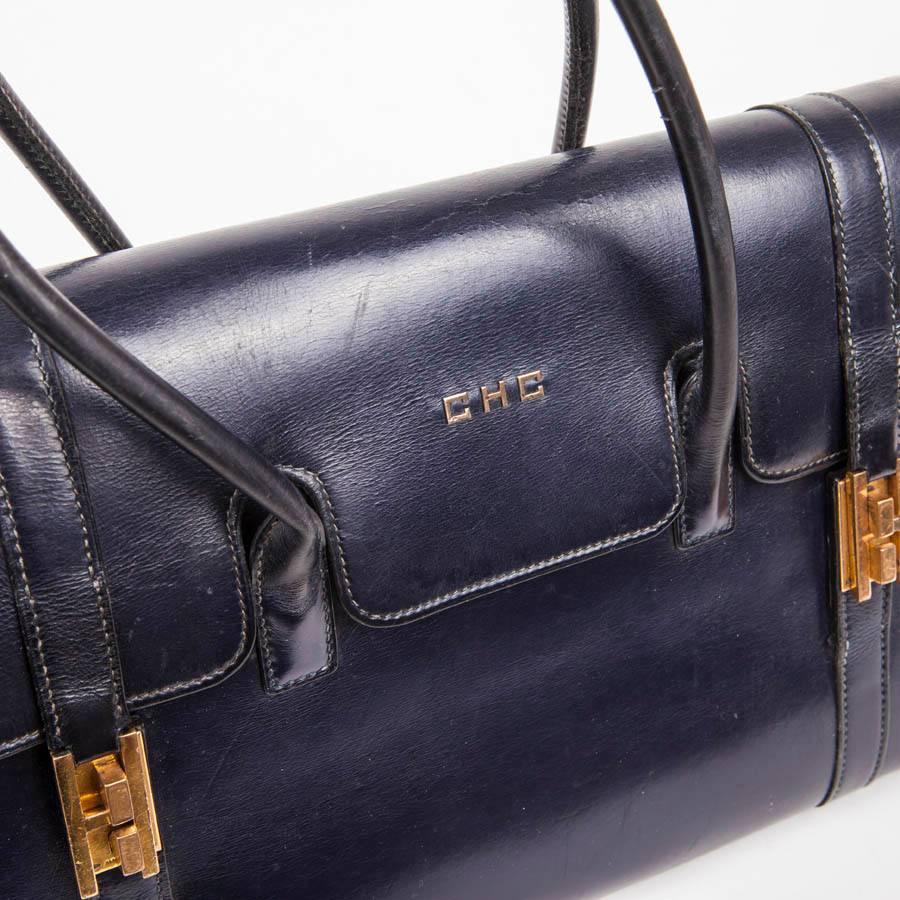 Women's Vintage HERMES 'Drag' Flap Bag in Night Blue Box Leather